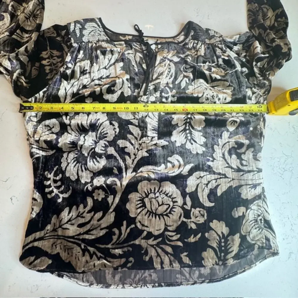 Anthropologie Faustine Velvet Floral Peasant Blouse L Boho Smocked Top